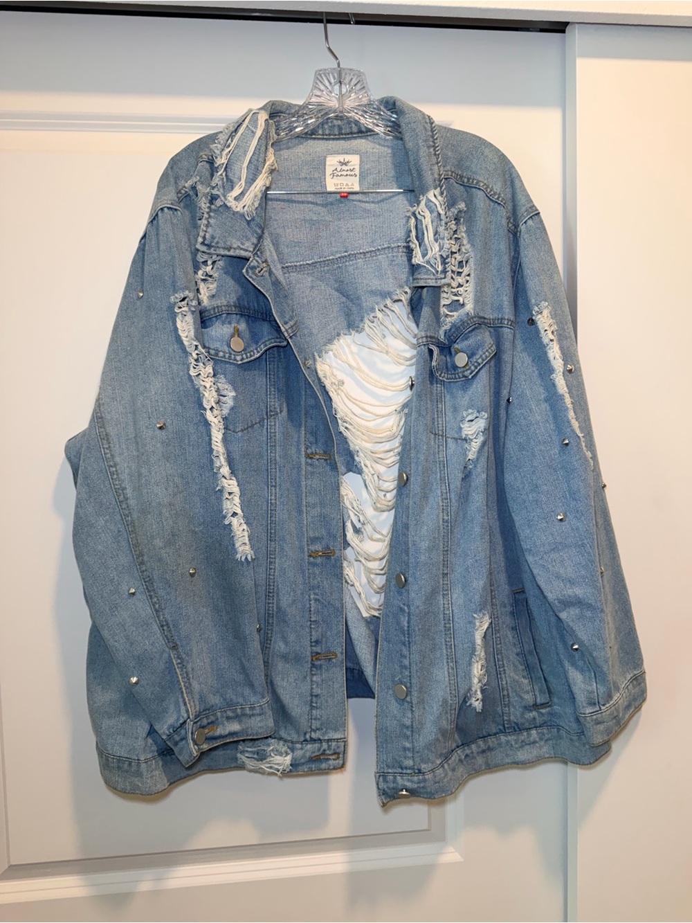 Almost Famous Light Blue Distressed Denim Jacket with Studs